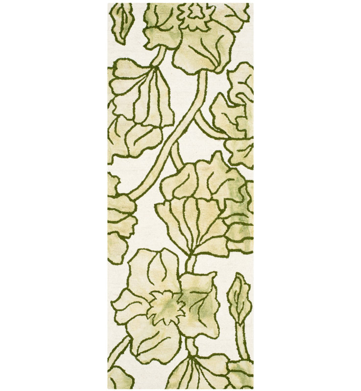 Tapis floral en laine / coton touffeté à la main Coleman - ivoire / vert clair, Tapis de couloir 2 pi 3 po x 6 pi