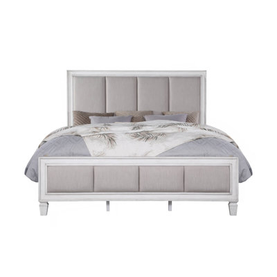 Grand lit en lin gris clair, gris rustique et blanc vieilli