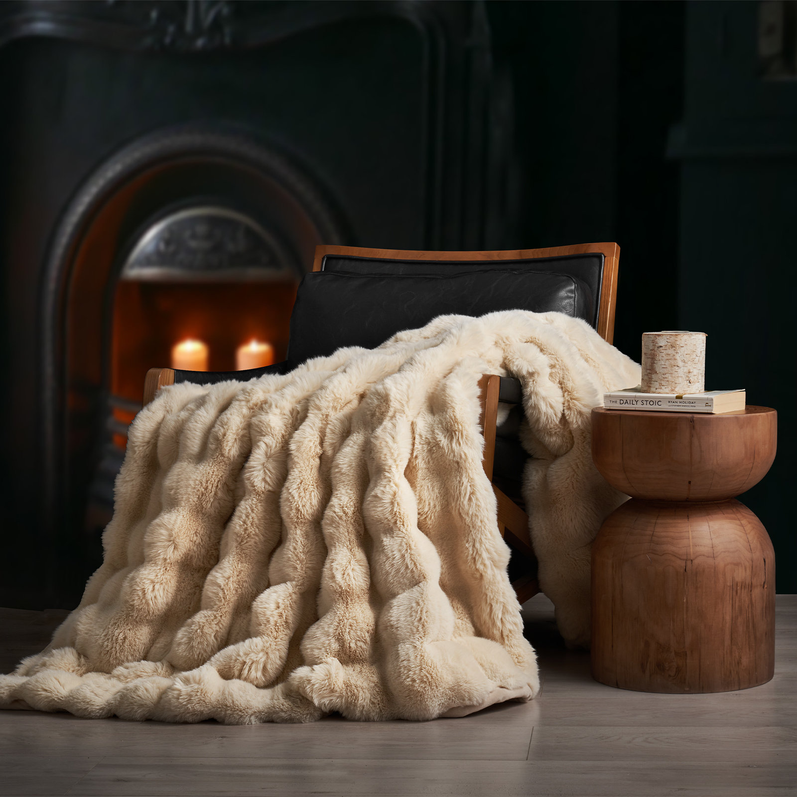 Ridgeline Faux Fur Throw Blanket, 60" L x 50" W, Greige