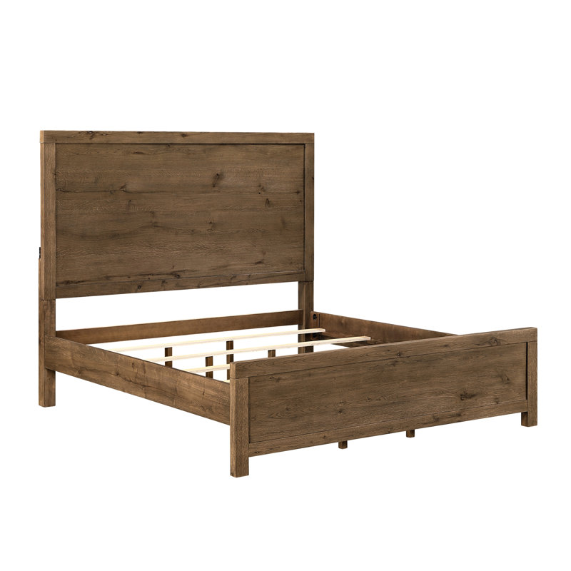 Très grand lit californien rustique à finition brune avec charge USB et tête de lit en bois, California King