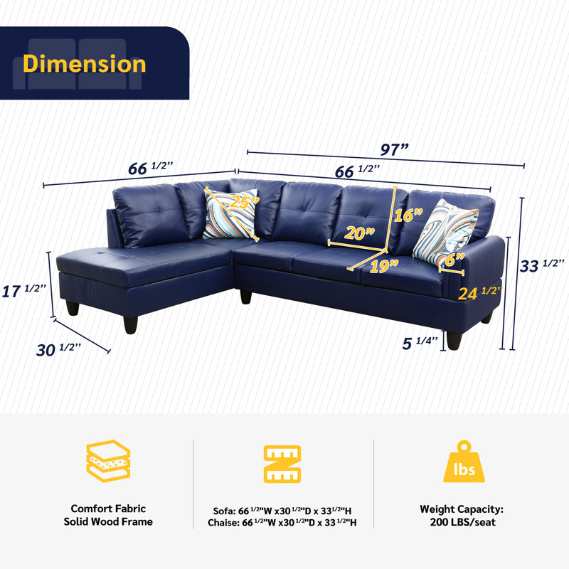 Addalyne Faux Leather L-Shaped Sectional, Navy Faux Leather, Left Hand Facing