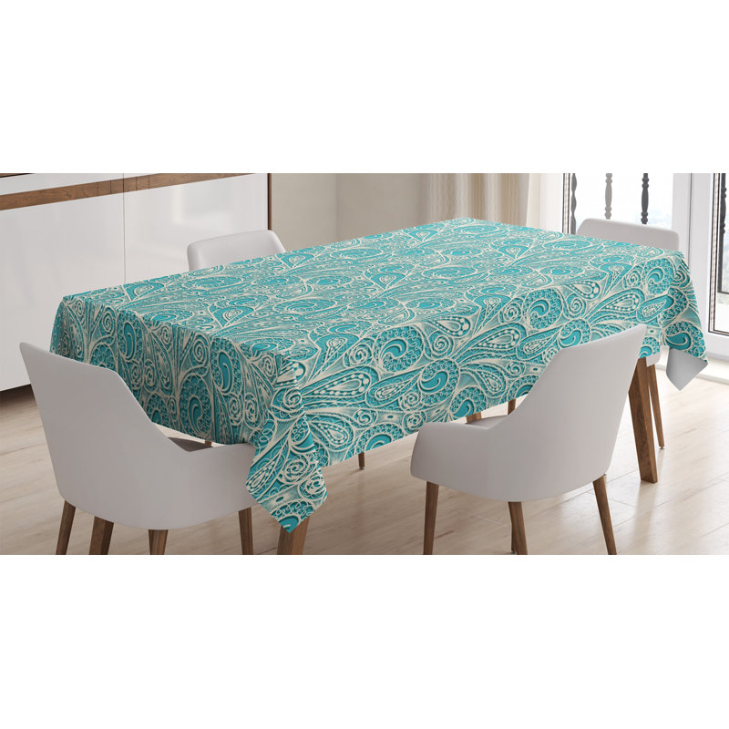 Teal Tablecloth, Classical Lace Style Pattern With Romantic Feminine Elements Inspired Artwork Print, Rectangular Table Cover For Dining Room Kitchen Decor, 52" X 70", Teal Beige