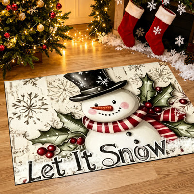 Tapis de porte de Noël antidérapant pour intérieur et extérieur, 61 x 91 cm, motif bonhomme de neige rouge « Let It Snow »