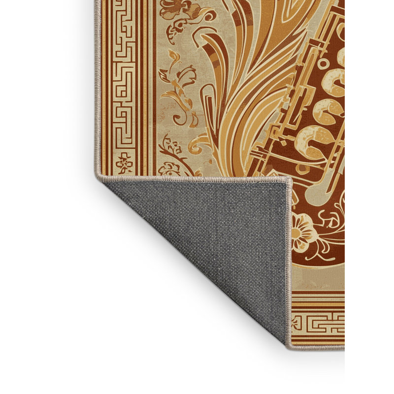 Tapis oriental moelleux et moelleux à motif de saxophone classique brun et beige, 6 X 9