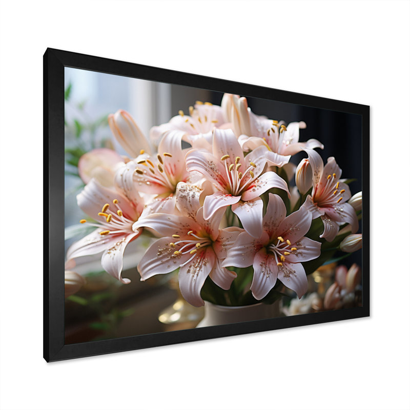«Peach White Lilies Elegant II», reproduction sur toile, Cadre simple noir, H 12 po x l 20 po x P 1 po