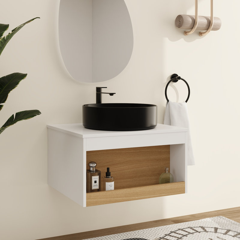 Meuble-lavabo mural 24 po avec lavabo en céramique moderne et tablette ouverte 24 po, Black