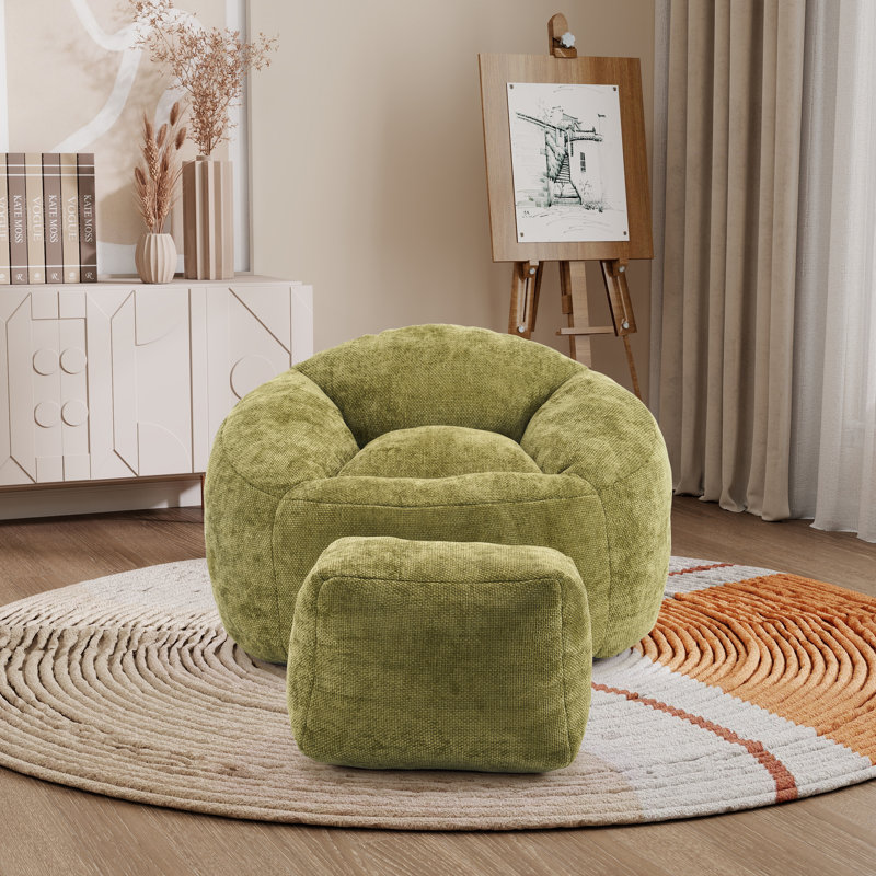 Fauteuil à billes rembourré avec repose-pieds, Chenille vert olive