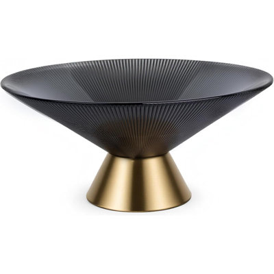 Bol à fruits conique en verre effilé (gris) de 9,8 pouces à motif soufflé à la main avec base en métal résistant à la rouille pour la décoration intérieure, centre de table, îlot de cuisine et décor de salle à manger