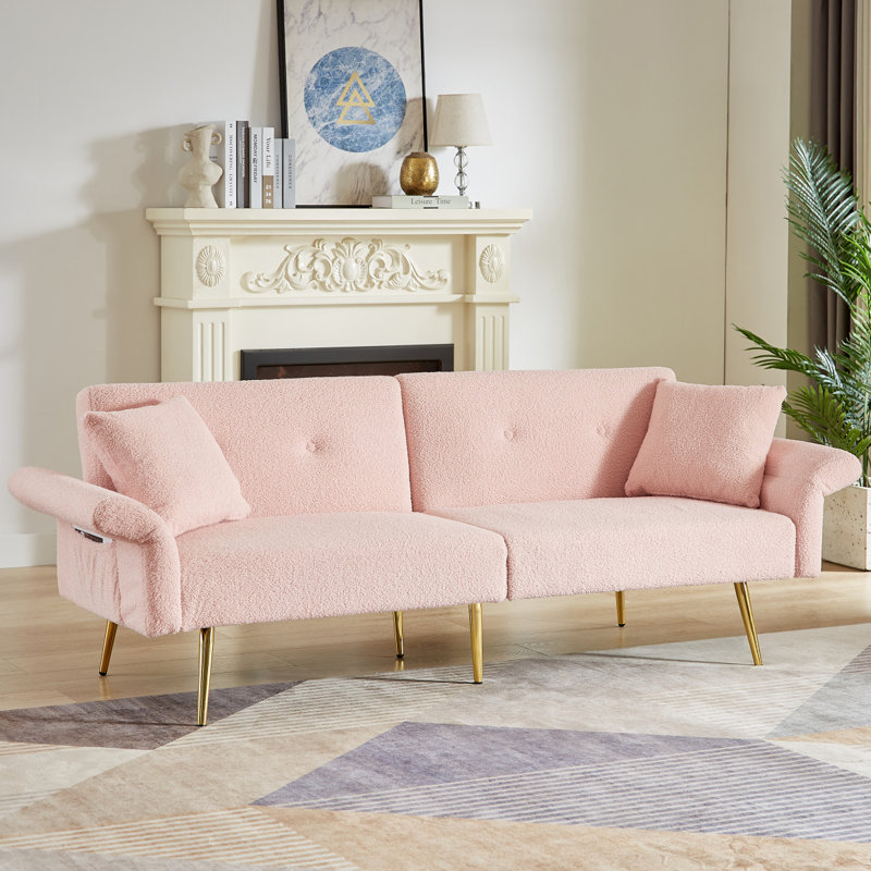 Modern Teddy Upholstered Accent Loveseat Sofa With Side Pocket, Folding Sleeper Sofa Bed With Foldable Armrest , Adjustable Backrest And Golden Metal Legs
