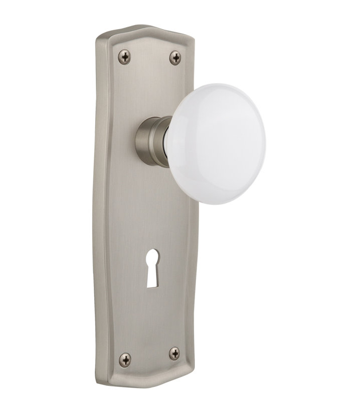 Plaque Prairie avec trou de serrure décoratif et bouton de porte en porcelaine blanche, 2 3/4 po, Nickel satiné