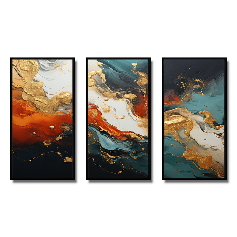 Bleu et or tempête de marbre II - art mural abstrait, Cadre flottant noir, H 40 po x l 61 po x P 1 po