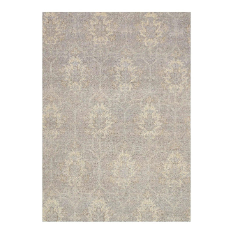 Tapis gris / ivoire floral en laine noué à la main 8 pi 1 po x 9 pi 8 po Floral