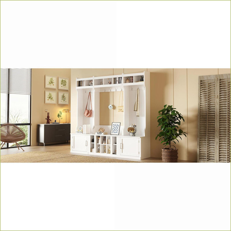Hall d'entrée, rangement pour vestibule moderne 4 en 1 avec portemanteau, banc et amp; Casiers à chaussures, blanc | Blanc | Panneau de particules