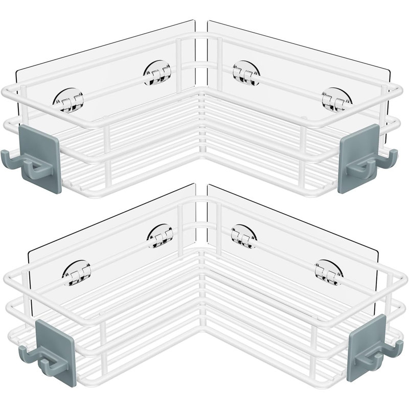 Tablettes de coin de douche en acier inoxydable avec porte-panier de rangement et crochets, Blanc