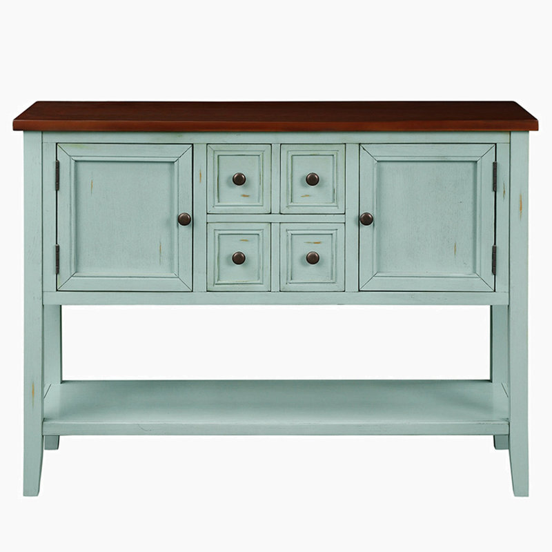 Armoire d'appoint en bois massif Delfausse, Brun / bleu rétro