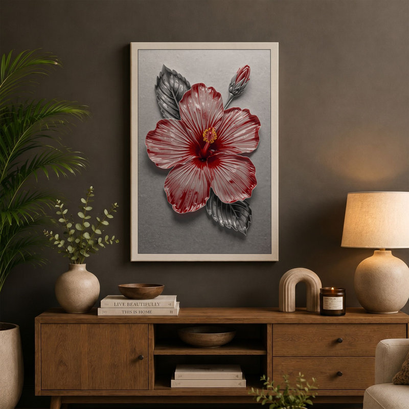 Hibiscus in Bloom Botanical - Wrapped Canvas, 30x20 - 76.2 x 50.8 cm, Black Border