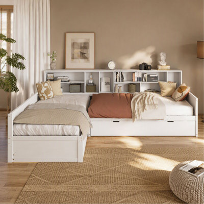 Twin Size Wooden L-Shaped Daybed with Under-Bed Trundle and Storage Drawer, Versatile Corner Bed Frame with Bookcases for 3, for Kids Room and Guest Room
