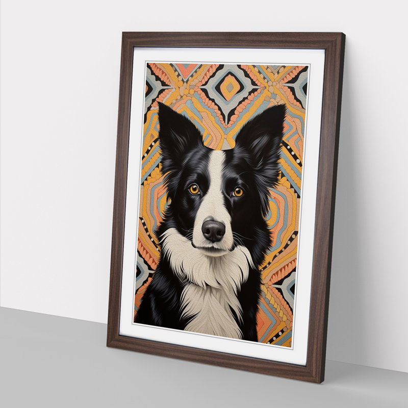 Border Collie Art Deco No.2 - Single Picture Frame Print on Wood, 64cm H x 46cm W x 2cm D, Walnut Framed