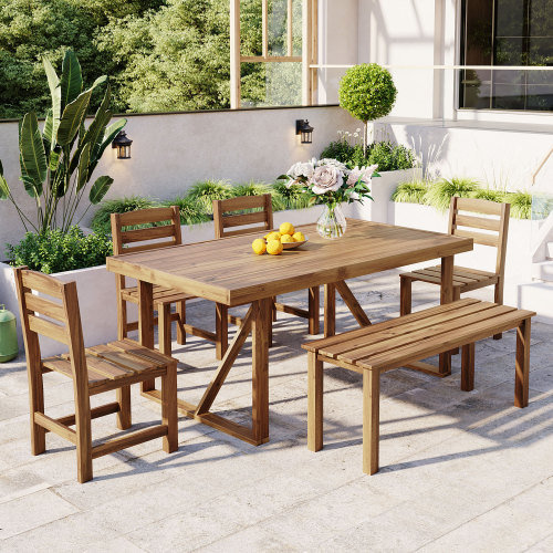 Ensemble de salle à manger 6 pièces en bois d'acacia massif avec table rectangulaire, 4 chaises et banc