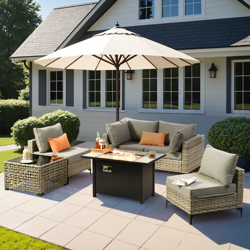 6- Piece Outdoor Patio Furniture Set with Fire Pit Table, All - Weather Wicker, Thick Padded Cushions, Sectional Sofa & Chairs for Garden, Backyard & Patio