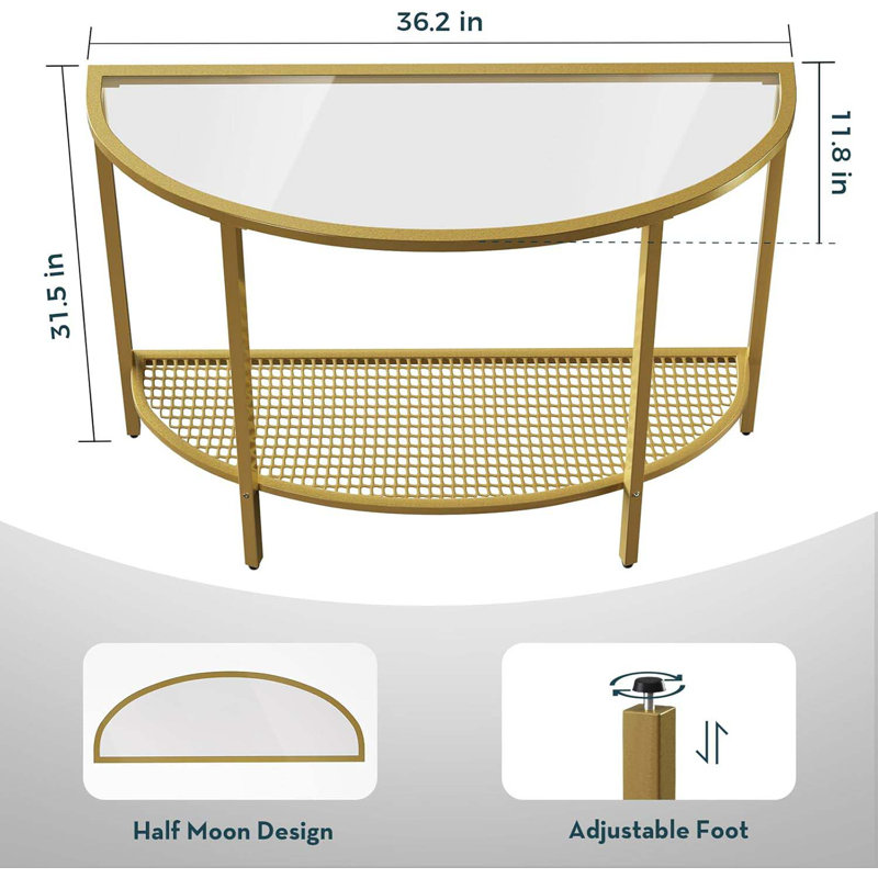 Glass Half Moon Console Table 2 Tier Narrow Entryway Table With Gold Metal Frames, Modern Couch Table Small Entry Way Tables, Easy Assembly, Clear Glass Gold Frames