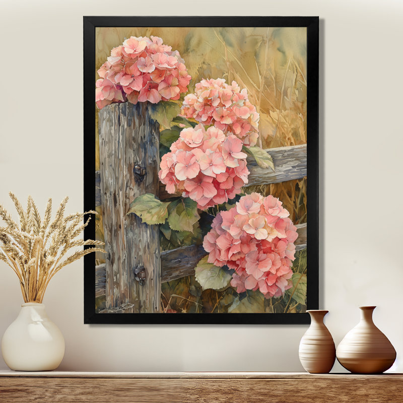 Farm Hydrangeas By The Fence I - Art mural sur toile florale, H 40 po x l 30 po, Noir, noir, noir, noir
