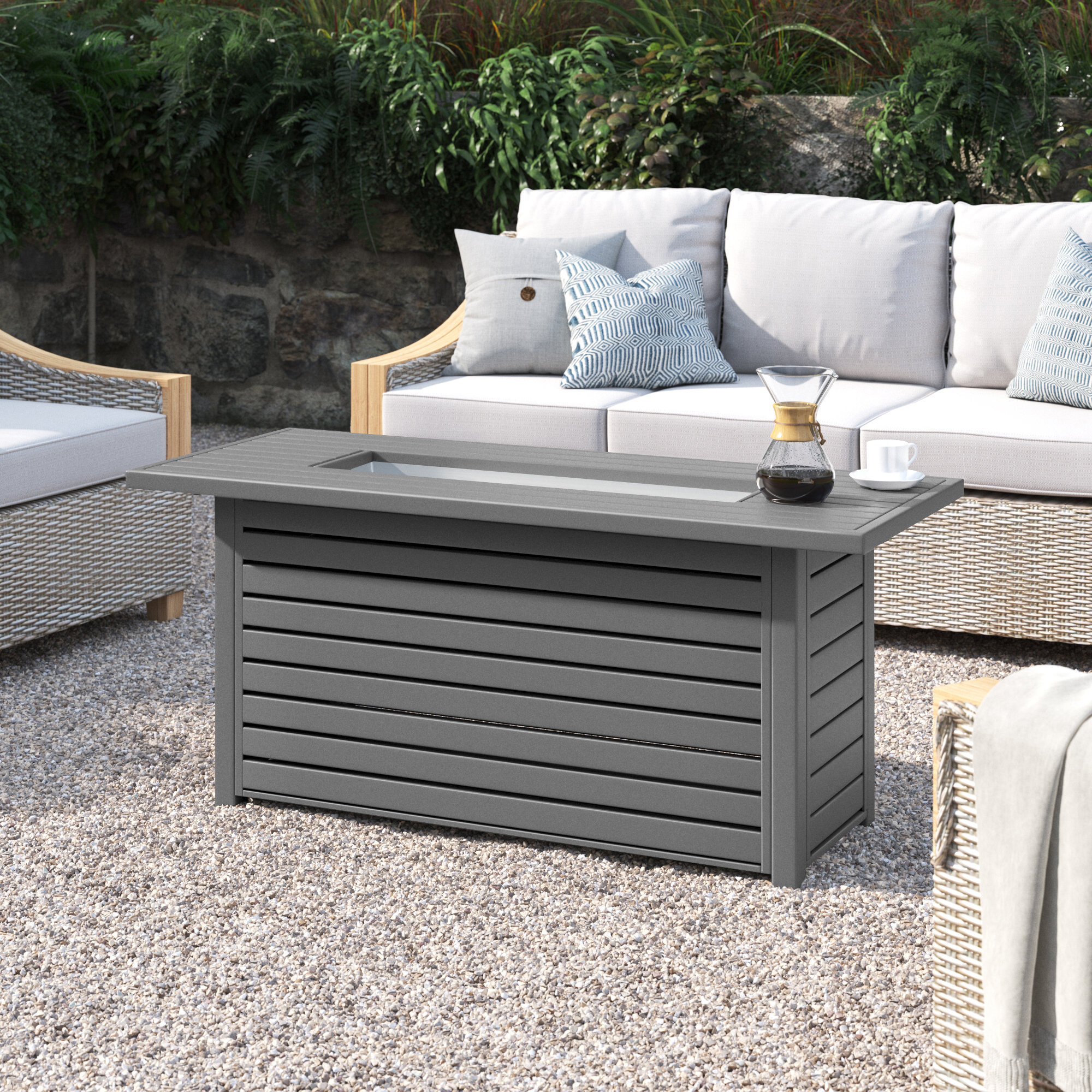 Casselton Rectangle Fire Pit Table, Gray, 25" H x 54" W x 22" D