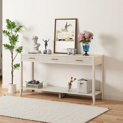 Console beige 60 po avec 3 tiroirs et tablette de rangement - Canapé d'entrée élégant