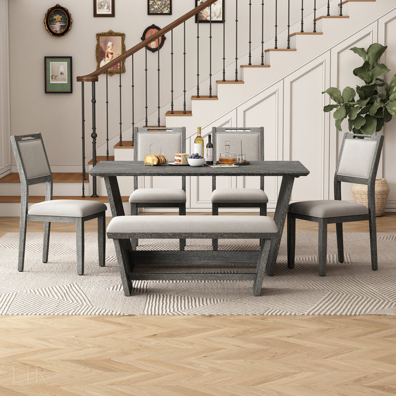 Ensemble de table de salle à manger 6 pièces 6 pièces pour table de cuisine en bois de 6, 60 pouces et chaises avec banc, base à tréteaux pour une utilisation polyvalente