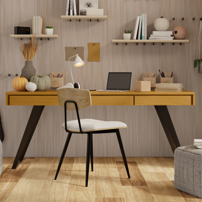 Lowry 72"W Oak Veneer and Metal Modern Industrial Writing Desk with 2 Deep Drawers and Flip-Down Keyboard Tray