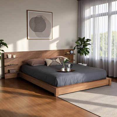 Lily Queen Size Platform Bed, Included Shelves, Walnut Brown Wood, 30.55'' H X 98.83'' W X 85.14'' L