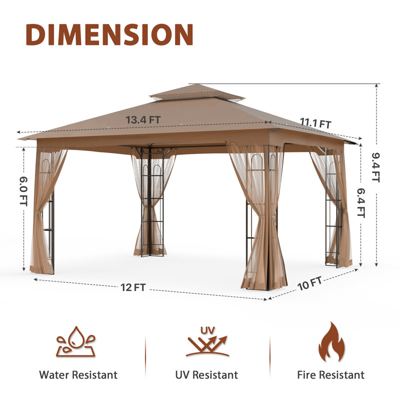 13 Ft. W x 11 Ft. D Steel Patio Gazebo, Brown