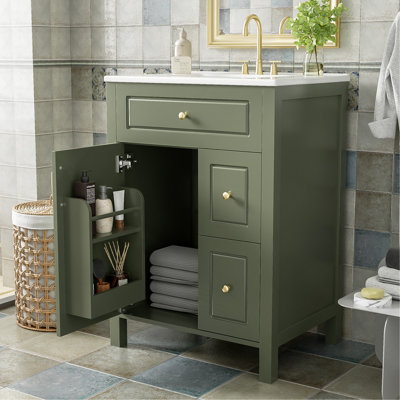 Meuble-lavabo de 24 pouces avec lavabo en céramique, 1 porte à fermeture en douceur, 2 tiroirs à fermeture en douceur et 2 supports de rangement sur la porte