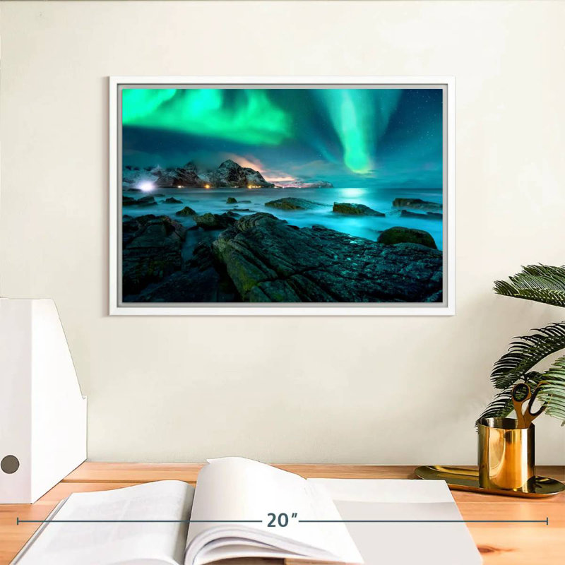 Stunning Lofoten Aurora Borealis, Floating Frame White, 13" X 9"