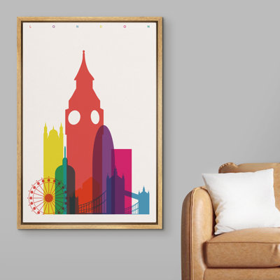 YUK03-IDEA4WALL Framed Canvas Print Wall Art Multicolor London Landmark Overlay Architecture & Maps Cityscape Typography Modern Art Chic Colorful For Living Room, Bedroom, Office