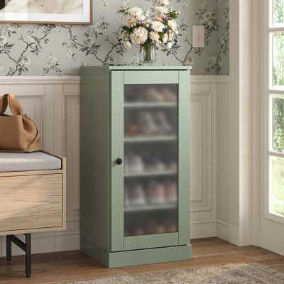 100% Solid Wood Narrow Frosted Glass Door Shoe Storage Cabinet with Adjustable Shelves, Space Saving Stackable Organizer, 16.5" W x 35.75" H