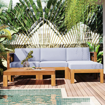 Ensemble de conversation modulaire d'extérieur en bois pour patio 5 pièces avec coussins, finition naturelle et coussins gris