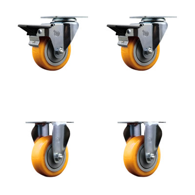 3.5 Inch Yellow Poly Wheel Swivel Top Plate Caster Set with 2 Posi Brakes 2 Rigid