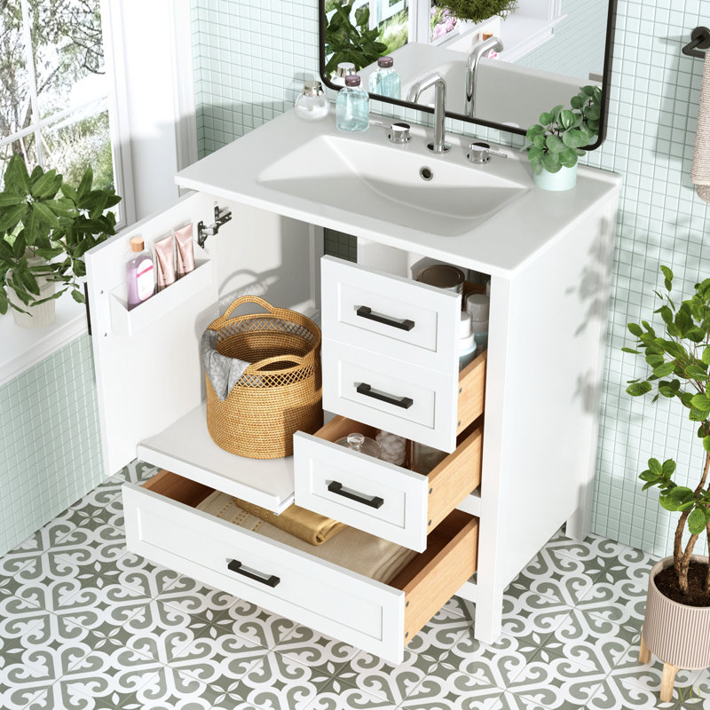 Ensemble de meuble-lavabo avec lavabo 30 po, armoire de rangement pour salle de bain avec porte à fermeture douce, 3 tiroirs à fermeture douce et plateau amovible, structure en bois massif