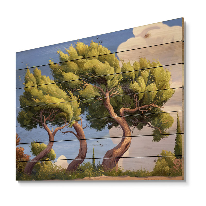 Le cyprès balançant le pointillisme XIII - Vangogh paysage mural en bois sur bois de pin naturel, H 30 po x l 40 po