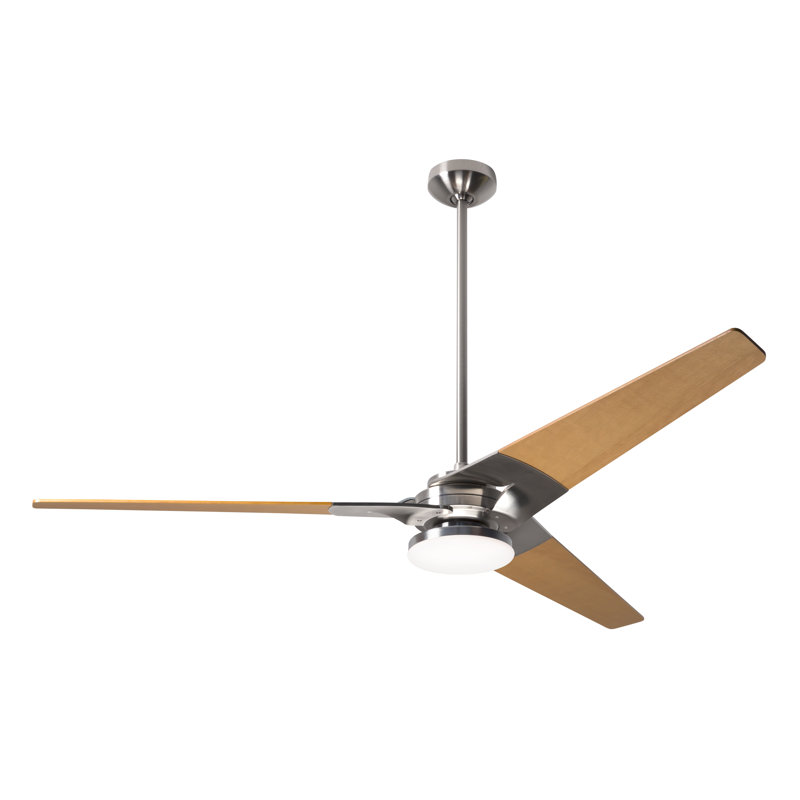 Torsion LED Downrod Ceiling Fan, Handheld Remote, Maple, Bright Nickel