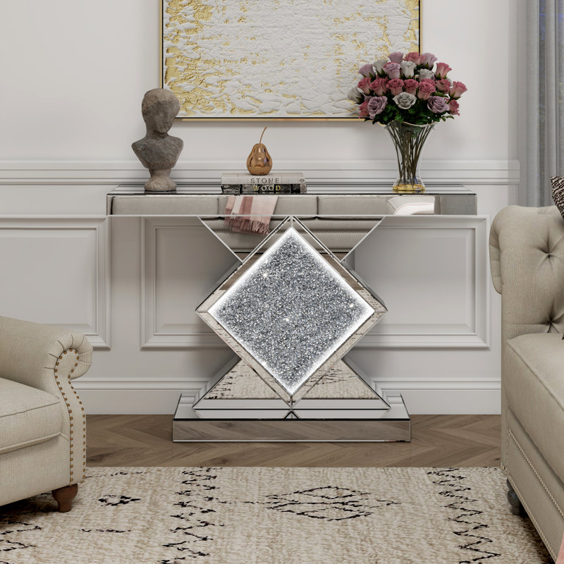 Rillamas LED Lighting Mirrored Console Table Crushed Diamond Inlay