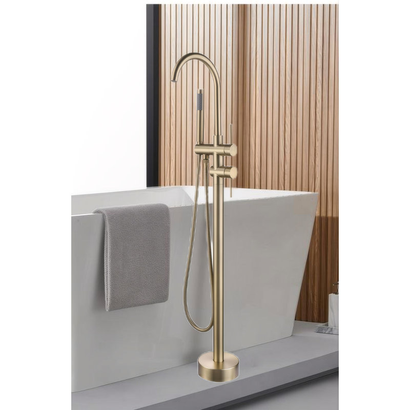 Robinet de baignoire autoportant à 2 poignées avec douche à main, Or brossé
