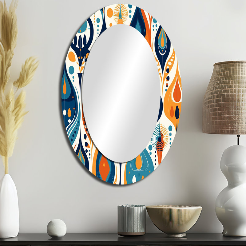 Symphonie botanique orange et bleue II - miroir unique abstrait, grand miroir mural moderne, impression d'art en métal, Ovale