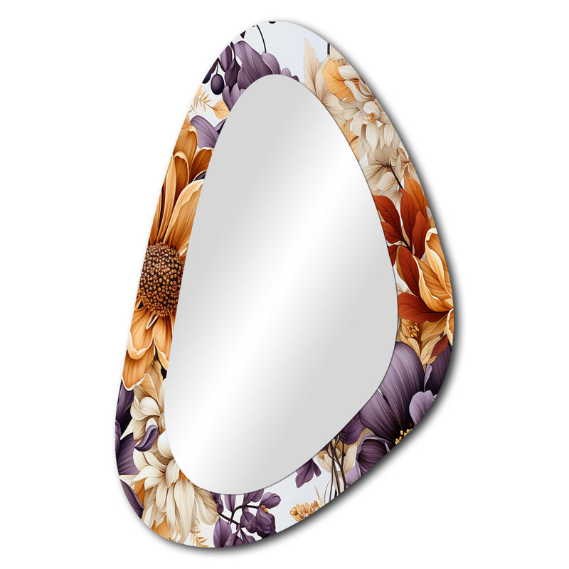 Composition de fleurs de chalet beige et mauve - grand miroir asymétrique floral, décor de miroir mural unique de forme irrégulière, art en métal imprimé