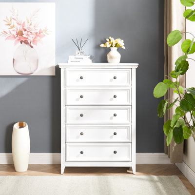 Living Room Organizer Cabinet. White 5 Dresser With Falling Drawers. 44.3 Inch Tall Spacious 5 Drawers Wear- High