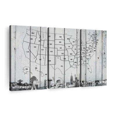 Carte des États-Unis en bois blanc, carte des États-Unis sur toile, 3 pièces