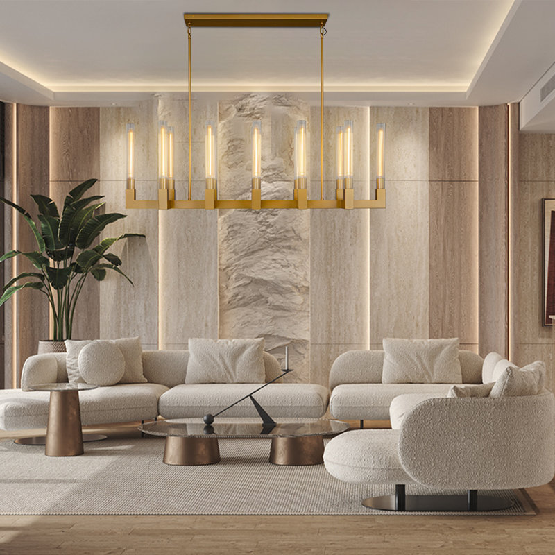 Naviel 12-Light Glass Tube Linear Chandelier, Gold, 17.8" H x 55" W x 12.6" D