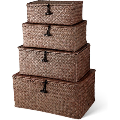 Set of 4 Wicker Storage Baskets Organizer，Handwoven Storage Bins with Lid