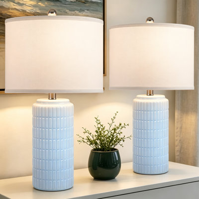 Lampe de table 23 po en céramique décorative moderne avec finition texturée et abat-jour en lin pour chambre à coucher, salon ou table de chevet